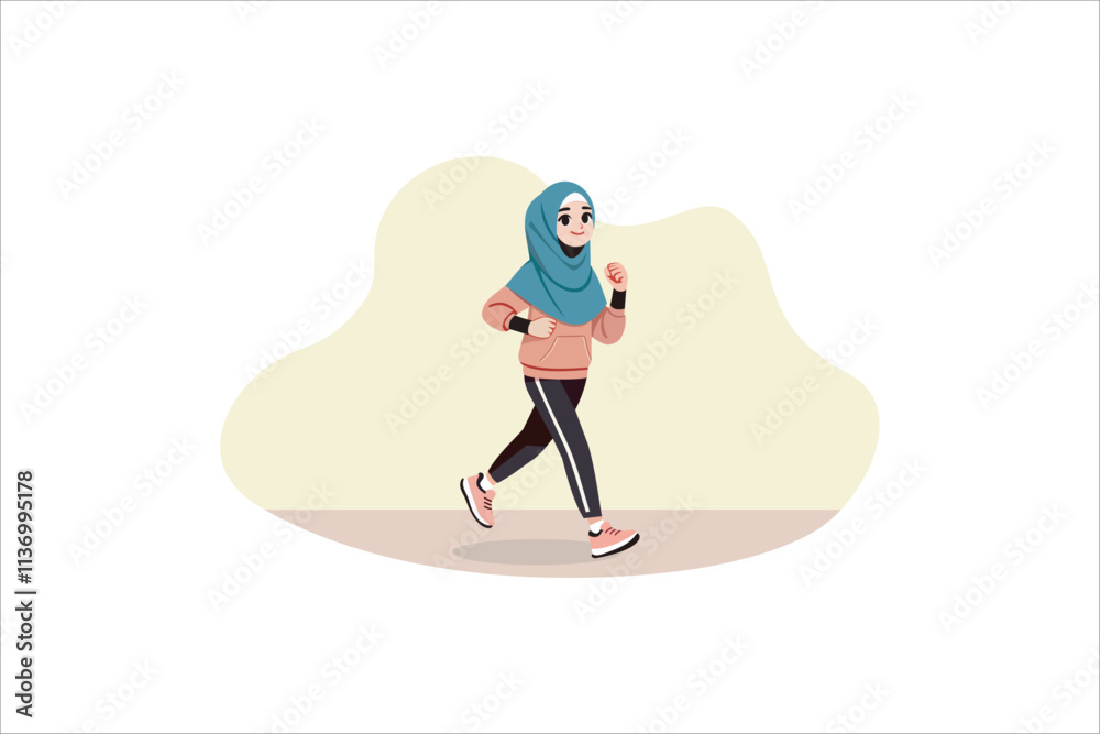 Fototapeta premium illustration of a young Muslim woman wearing a hijab jogging. Vector illustration.