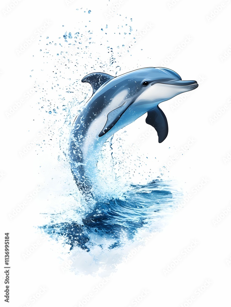 Fototapeta premium Dolphin leaps above ocean waves with a splash in a sunny coastal environment celebrating playful marine life