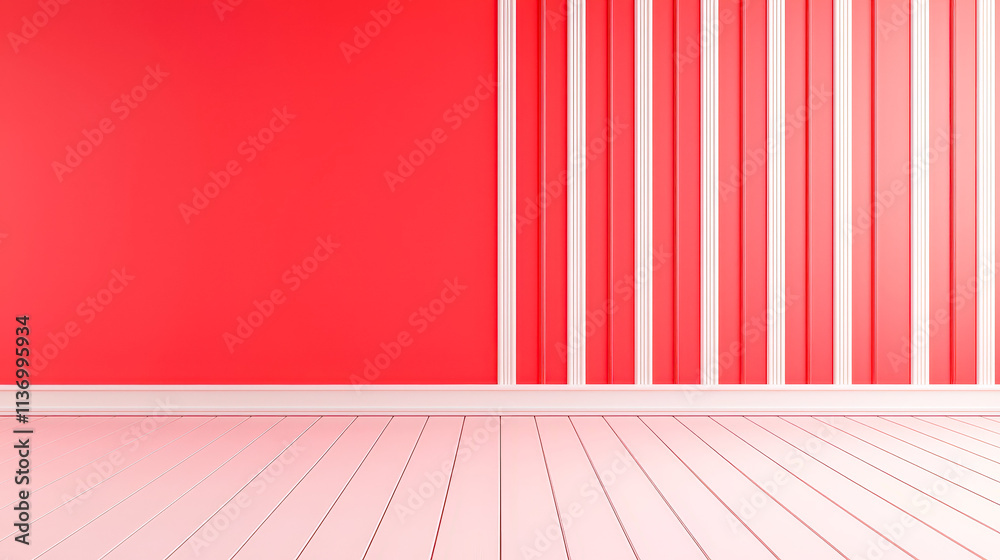 A striking red wall adorned with white vertical stripes contrasts beautifully with a light wooden floor, creating a lively atmosphere A striking red wall adorned with white vertical stripes contrasts beautifully with a light wooden floor, creating a lively atmosphere