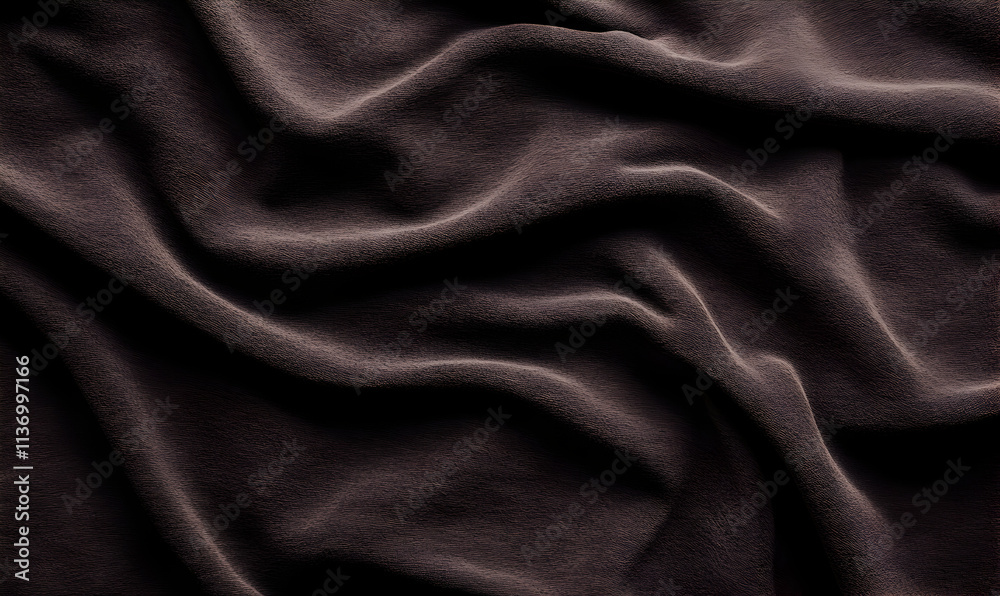 Fototapeta premium Luxurious dark brown fabric texture, elegantly draped with soft folds and shadows, creating a sophisticated and rich background.