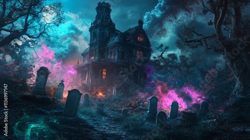 A foreboding haunted mansion looms in a dark graveyard with glowing pink and blue mist swirling through the tombstones. The sky is filled with clouds, adding to the eerie and unsettling mood of the photo