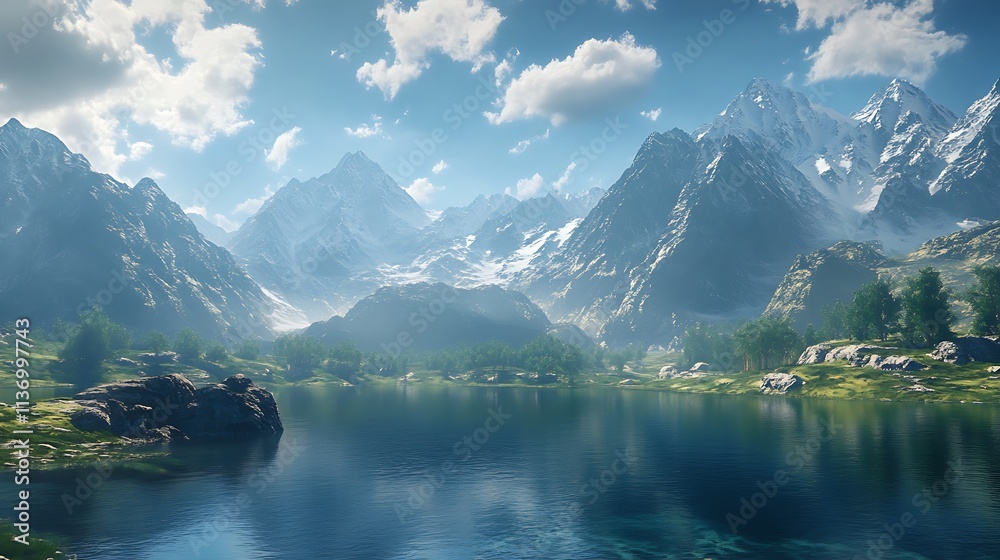 Naklejka premium Serene mountain lake reflecting majestic snow-capped peaks under a bright sky.