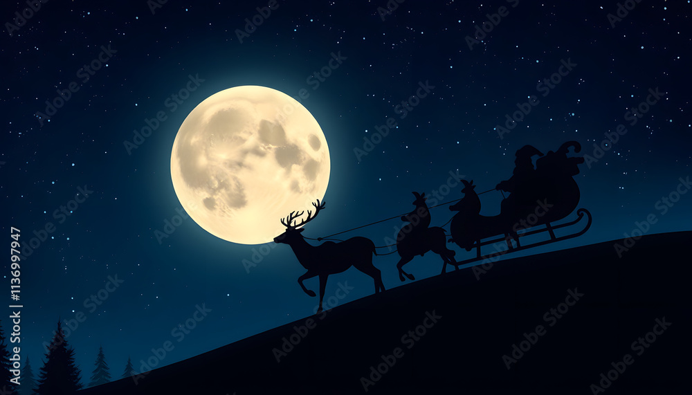 Naklejka premium Santa's Sleigh Flying Over the Full Moon on Christmas Eve