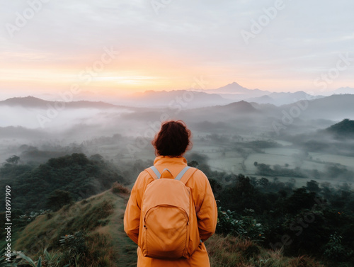 Hiker stands on a hilltop, gazing at the sunrise over a foggy landscape