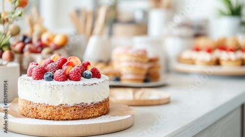 A beautifully decorated cake sits among various baked goods in a cheerful kitchen