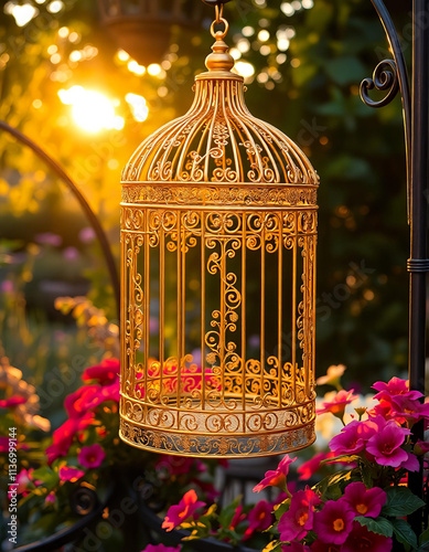 golden cage hanging on a background of a flower garden