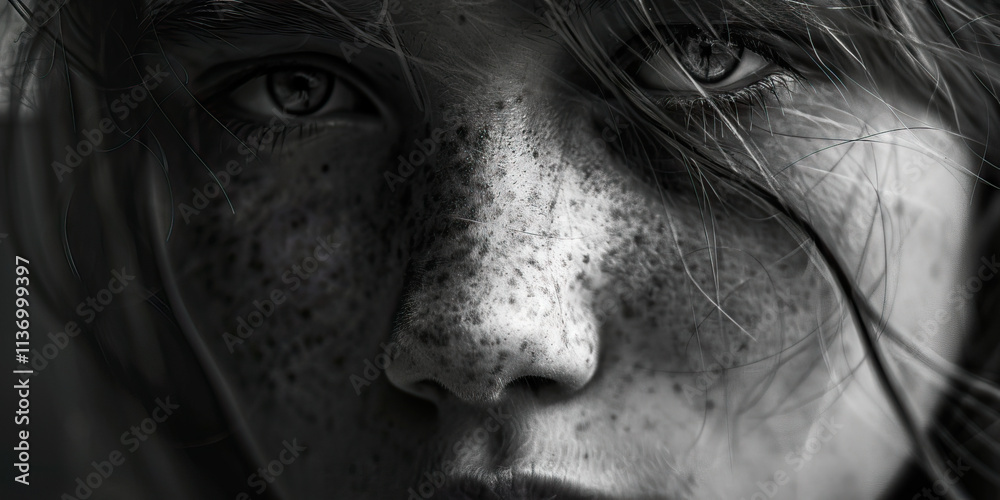 Fototapeta premium Close-up Grayscale Portrait: Freckled Face and Eyes