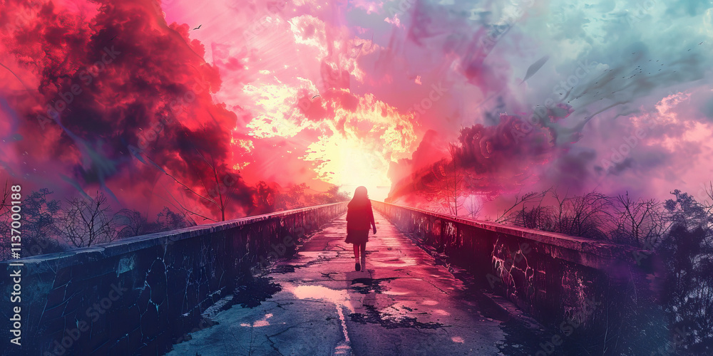 Fototapeta premium Girl Walking on Bridge towards Dramatic Sunset