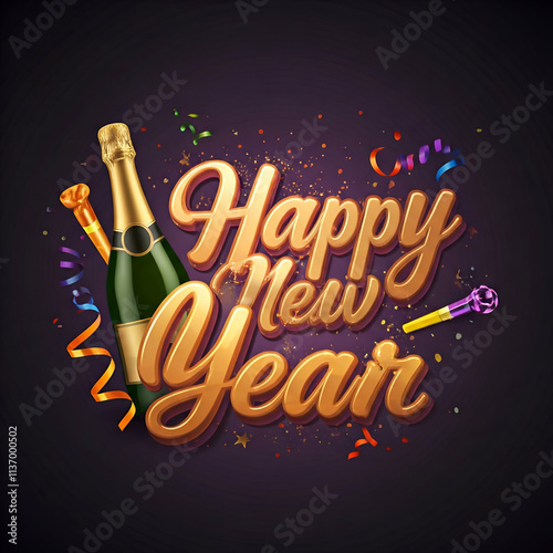 Happy New Year festive banner with colorful text, Bright New Year celebration background with fireworks and stars