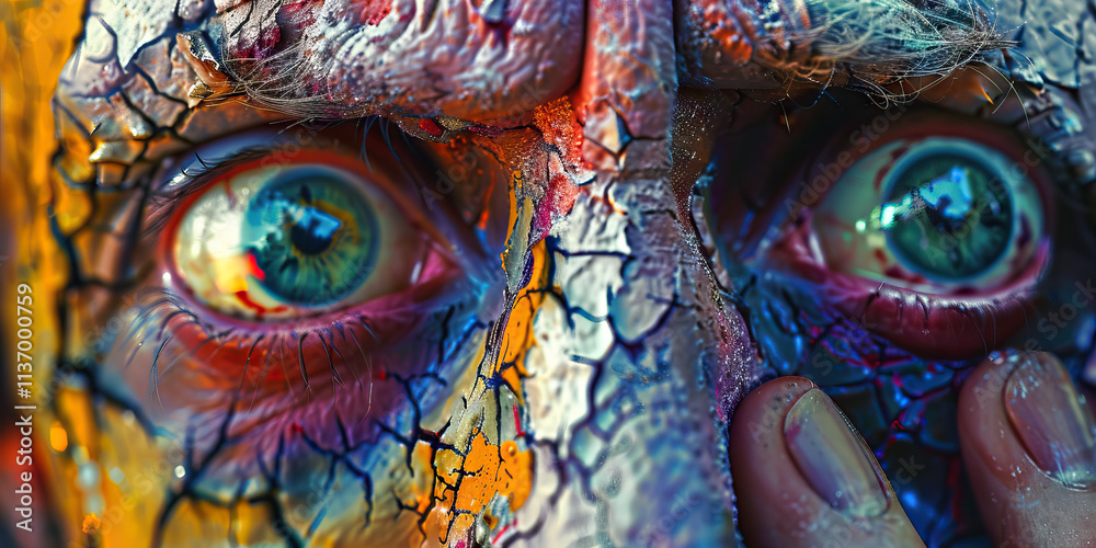 Fototapeta premium Close-up of Stylized Face with Cracked Paint and Teal Eyes