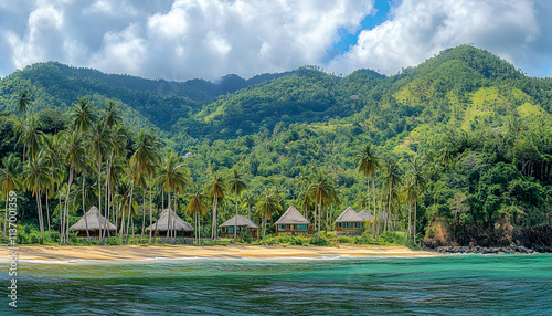 Idyllic tropical beach scene with thatched-roof bungalows nestled amongst lush palm trees and vibrant green mountains.  Perfect for travel, vacation, or resort advertising.