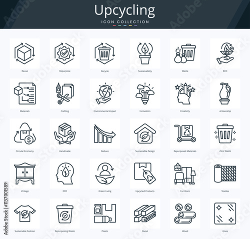 Upcycling outline icon pack for creative process of transforming, reuse and recycle