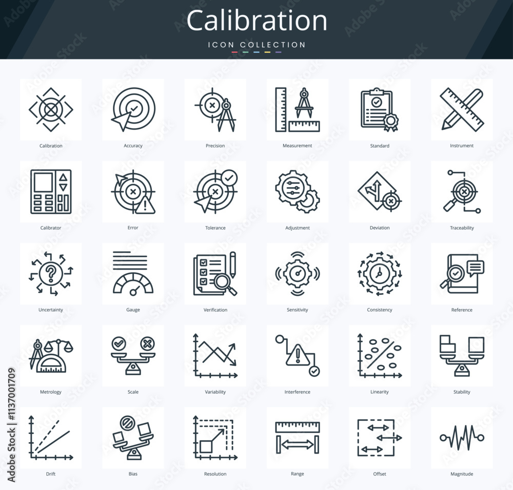 Calibration outline icon pack for industrial measurement of accuracy and precision