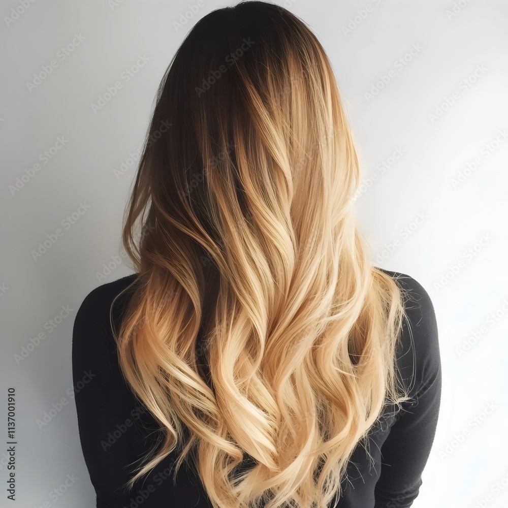 Fototapeta premium Back View of Long Hair with Blonde Ombre Colors, Light Solid Background, AI