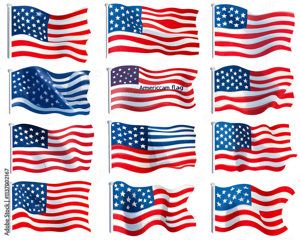 Set of Abstract and Stylized American Flag Designs with Stars and Stripes Set of Abstract and Stylized American Flag Designs with Stars and Stripes