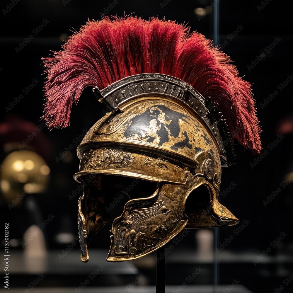 Fototapeta premium A detailed Roman helmet adorned with a striking red plume is prominently displayed in a museum exhibit. The craftsmanship highlights the intricate designs and historical significance