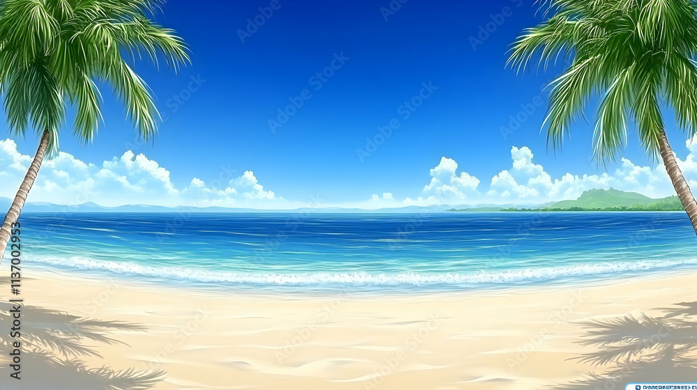 Idyllic tropical beach scene; palm trees frame azure ocean under a vibrant blue sky, perfect for summer vacation themes. Idyllic tropical beach scene; palm trees frame azure ocean under a vibrant blue sky, perfect for summer vacation themes.