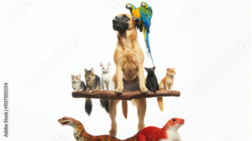 Adorable group of pets including a dog, cats, parrots, and a snake, all perched on a branch against a white background. Perfect for pet-related websites or animal lover publications. photo