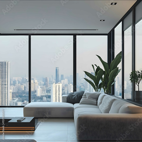 white minamilist lounge room in an apartment with a busy city view outside photo