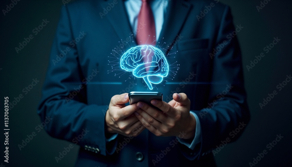 A business professional is interacting with a smartphone, revealing a holographic brain concept, symbolizing innovation, technology, and the integration of artificial intelligence in modern business p A business professional is interacting with a smartphone, revealing a holographic brain concept, symbolizing innovation, technology, and the integration of artificial intelligence in modern business p