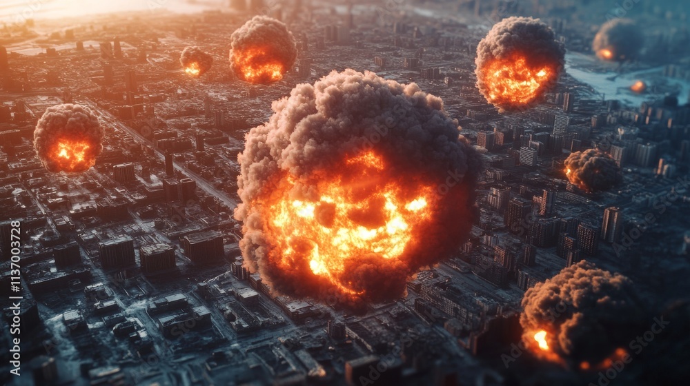 A dramatic apocalyptic scene depicting massive fireballs hovering above a devastated cityscape. The ominous glow from the explosions contrasts against the cold urban environment, suggesting widespread A dramatic apocalyptic scene depicting massive fireballs hovering above a devastated cityscape. The ominous glow from the explosions contrasts against the cold urban environment, suggesting widespread