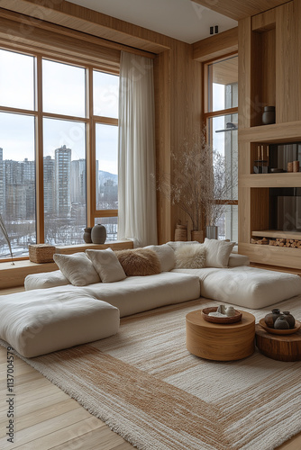 Photographie immobilière d'un salon cosy ambiance zen et cocooning avec parquet clair et lumière naturelle
