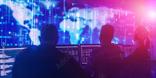 Silhouetted figures monitor a large screen displaying a world map overlaid with complex data streams, suggesting a global surveillance network