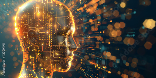 A human head composed of intricate circuitry and glowing lines, symbolizing the merging of human consciousness with artificial intelligence or the evolution of the human mind in a technological age.