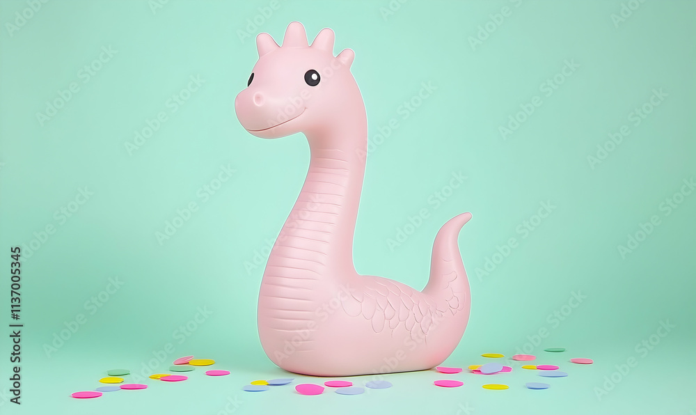 Adorable pink dinosaur bath toy on mint background with colorful confetti. Perfect for children's products, blogs, websites, and more. Adorable pink dinosaur bath toy on mint background with colorful confetti. Perfect for children's products, blogs, websites, and more.