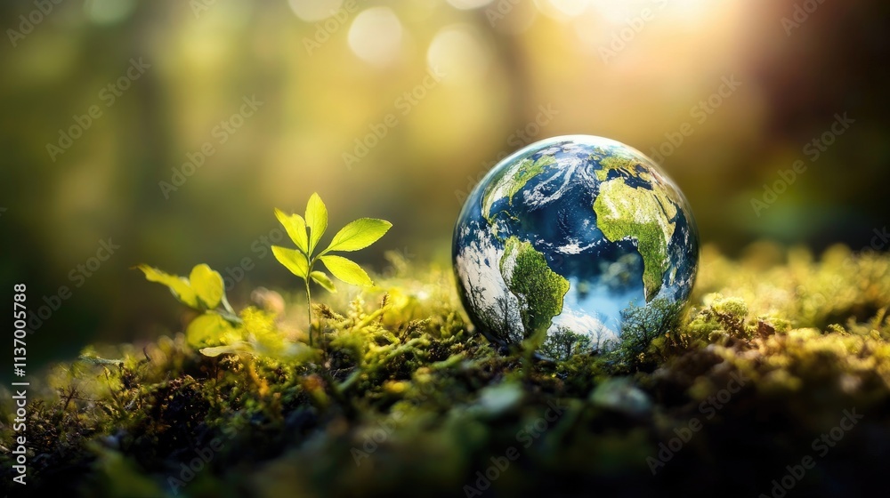 Glass globe Earth on moss with sprout, sunlight. Glass globe Earth on moss with sprout, sunlight.