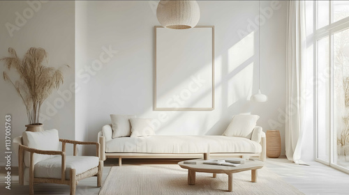 Beschreibung Ein helles minimalistisches Wohnzimmer im skandinavischen Stil mit hellen Holzboden weissen Wanden und schlichten funktionalen Mobeln An einer weissen Wa photo