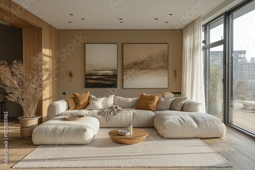Photographie immobilière d'un salon cosy ambiance zen et cocooning avec parquet clair et lumière naturelle