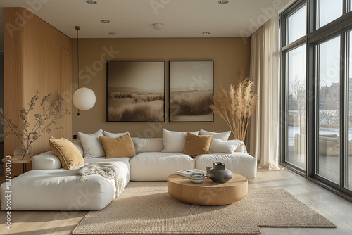 Photographie immobilière d'un salon cosy ambiance zen et cocooning avec parquet clair et lumière naturelle