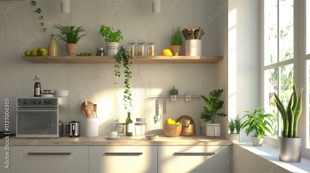 Minimalist Charm Kitchen with Simple Shelves, Natural Light, and Sleek Appliances Minimalist Charm Kitchen with Simple Shelves, Natural Light, and Sleek Appliances