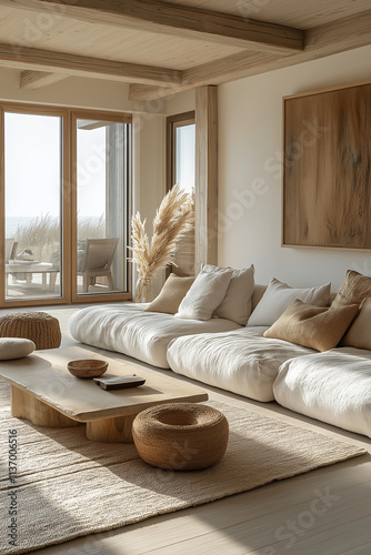 Photographie immobilière d'un salon cosy ambiance zen et cocooning avec parquet clair et lumière naturelle