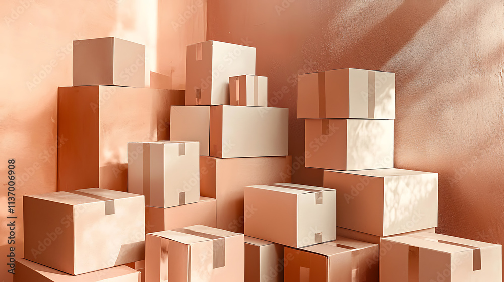 E-commerce Business Landing Stacked Boxes in a Minimalist Workspace Environment for Online Store Setup E-commerce Business Landing Stacked Boxes in a Minimalist Workspace Environment for Online Store Setup