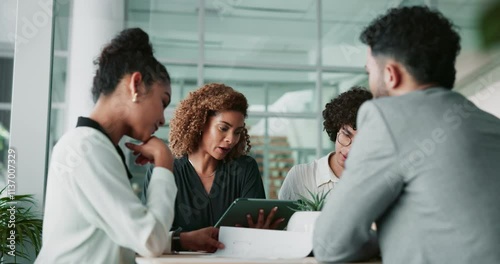 Team, tablet and business people talk, planning and brainstorming ideas in office. Technology, happy group and engagement manager in meeting for project development, solution discussion and strategy