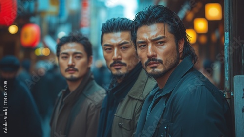 Three men posing in a bustling urban street, exuding confidence and camaraderie.