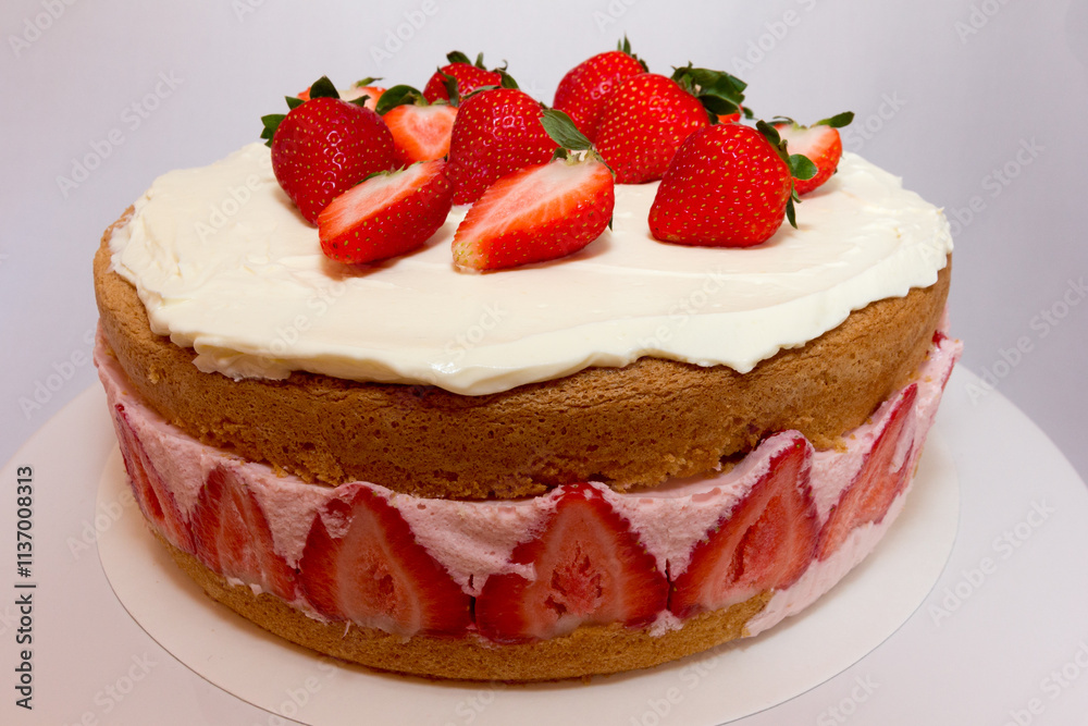 Close-up of a Strawberry sponge cake with buttercream frosting on a plate Close-up of a Strawberry sponge cake with buttercream frosting on a plate