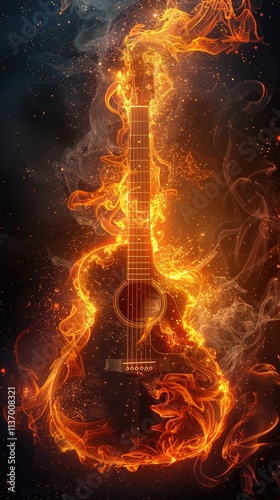 A guitar engulfed in flames, symbolizing passion and creativity in music.