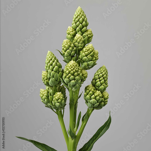 A robust dark green floret with tightly packed slightly elongated buds resembling a miniature tower Each bud is encased in a thin waxy layer giving the floret a subt photo