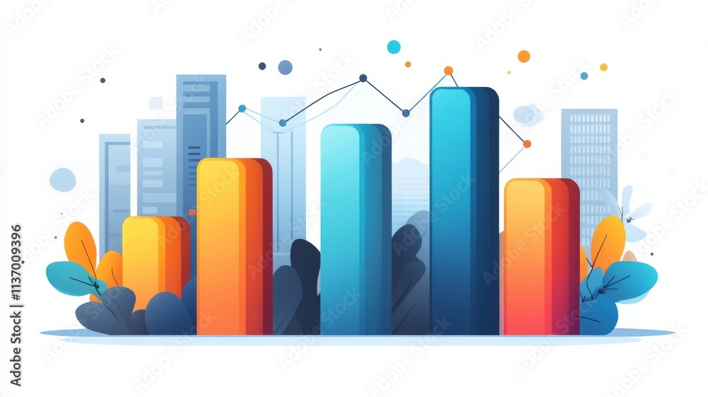 Modern Business Bar Chart with Data Analytics in Abstract Cityscape Modern Business Bar Chart with Data Analytics in Abstract Cityscape