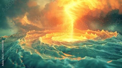 Dramatic fiery sunset over a turbulent churning ocean with massive crashing waves set against a stormy atmospheric sky  The scene exudes raw power and energy with the sun s brilliant