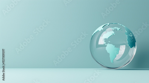 Transparent glass earth on light blue background with ample space for text. Conceptual design for sustainable development themes photo