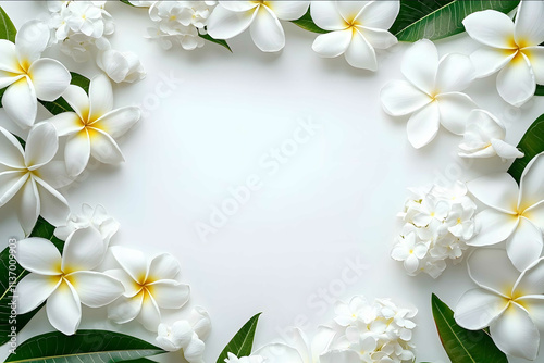 A minimalist wallpaper background with a soft frame of white tropical flowers such as white plumeria and gardenias arranged around an expansive empty white center Th