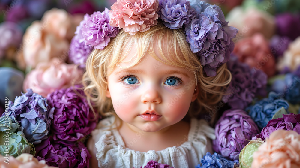 A little girl with a flower crown on her head surrounded by flowers