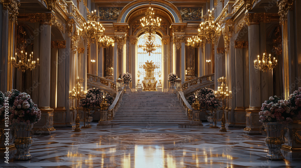 Fototapeta premium A majestic palace with marble floors, golden chandeliers, and a grand staircase, surrounded by gardens.