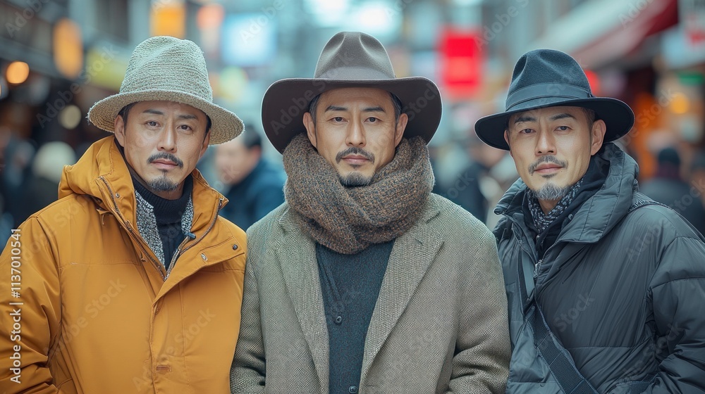 Three stylish men posing together in a bustling urban setting. Three stylish men posing together in a bustling urban setting.