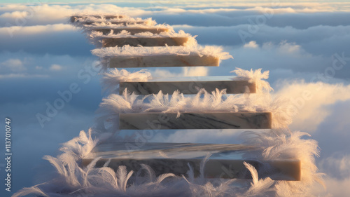 A surreal staircase with fluffy white feathers leading into a dreamy sky. Perfect for inspiring a sense of wonder and imagination. photo