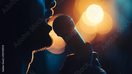 Passion and Rhythm: A Performer Beatboxing with Energy Under Dazzling Lights and Vibrant Background photo